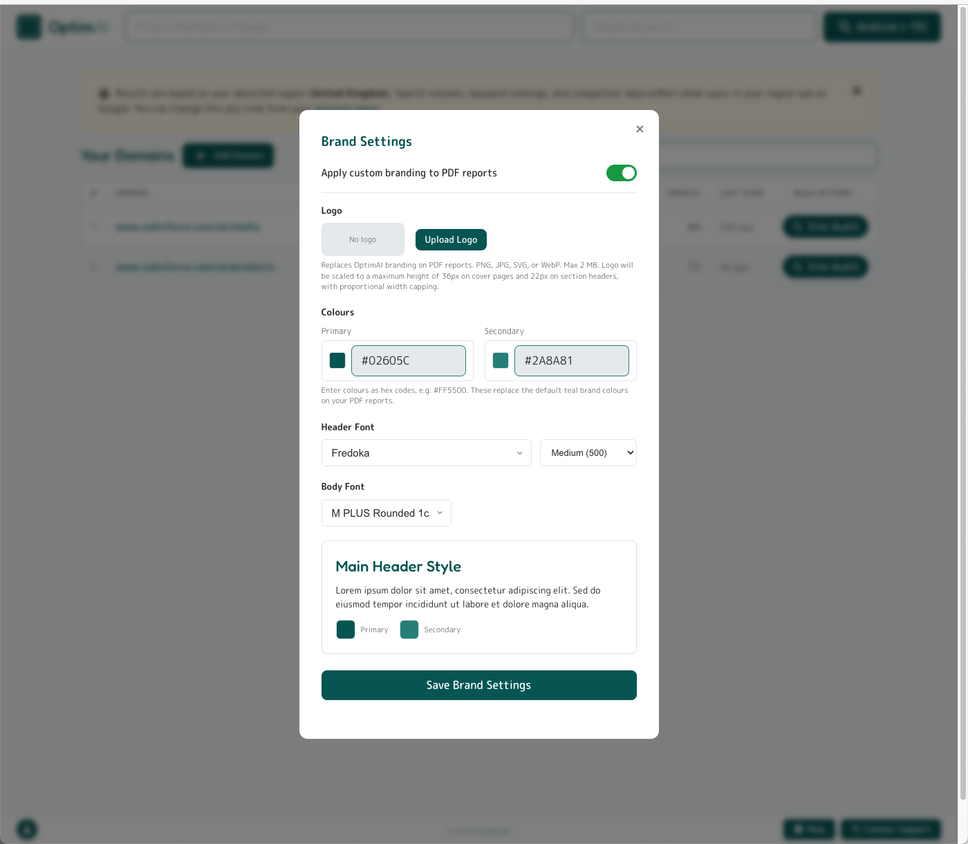 Brand Settings modal: logo upload, primary and secondary hex colour pickers, header and body Google Fonts pickers with weight selector, and a live Main Header Style preview. Configure once per domain, every team member's PDFs render with your brand.